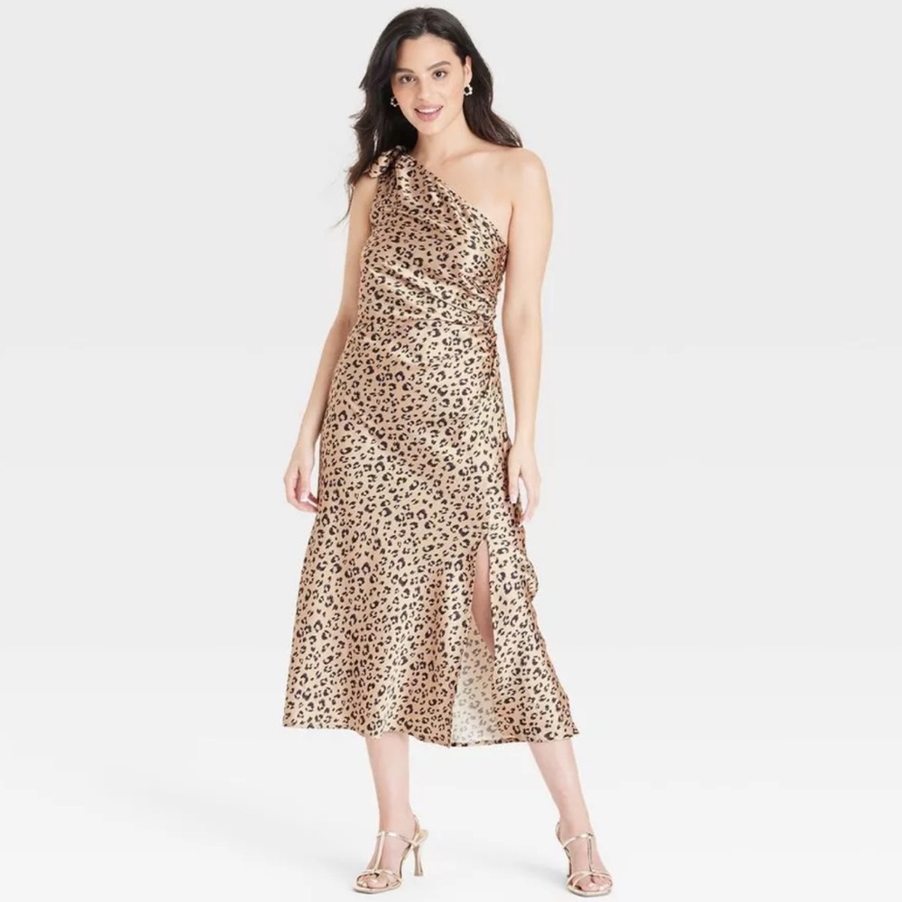 Women's One Shoulder Midi Dress - A New Day Brown Leopard Print XL - Picture 2 of 2